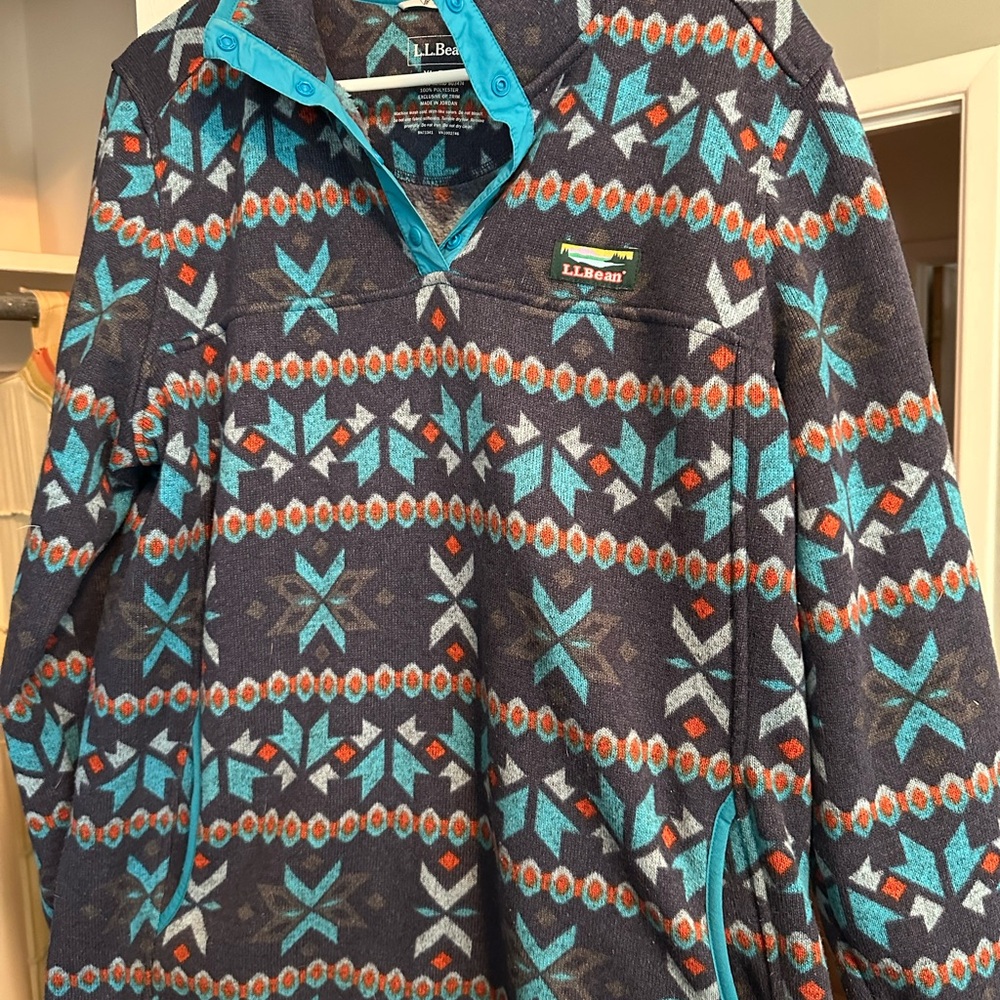 L.L. Bean Women’s Geometric Fleece Jacket - Navy and Teal XL